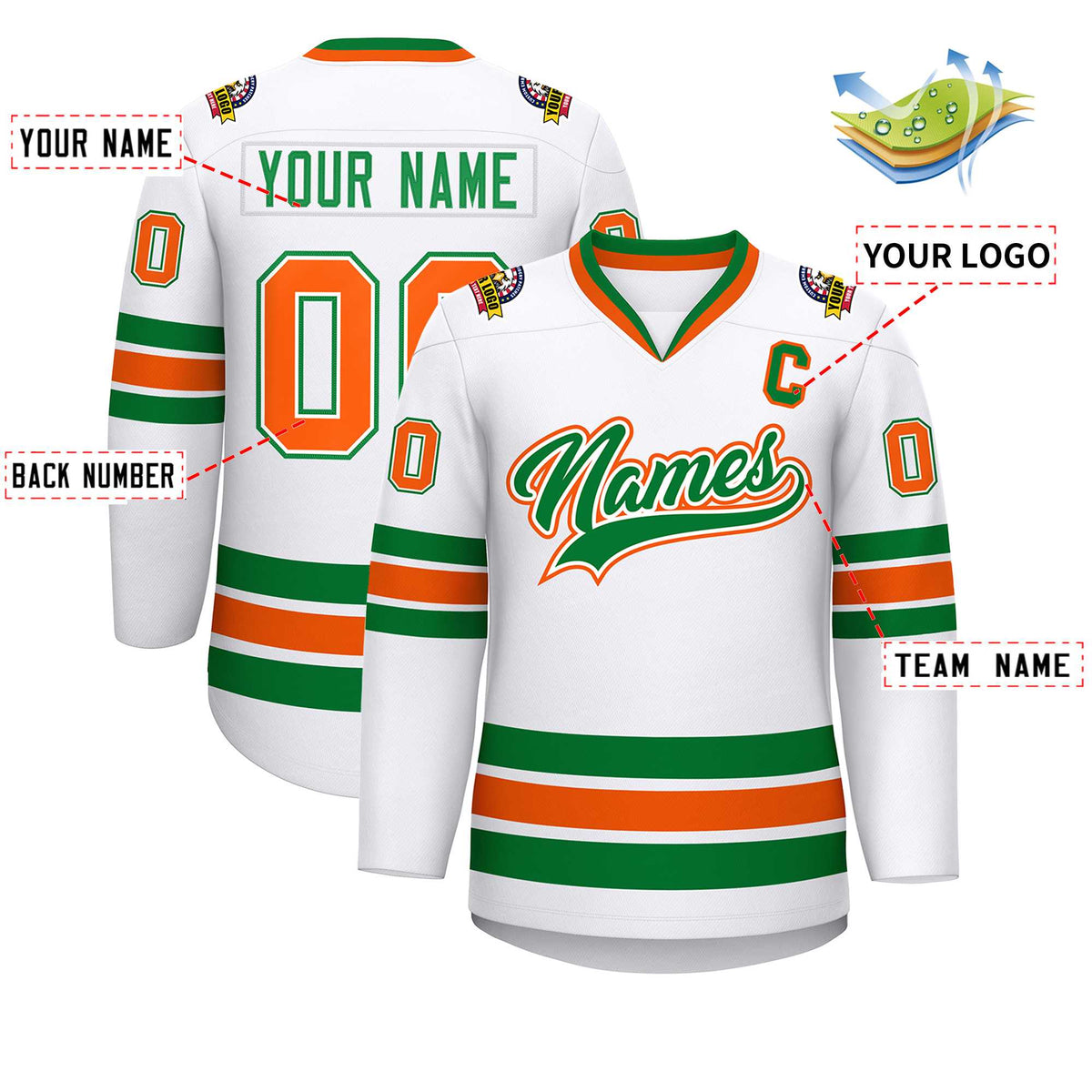 Custom White Kelly Green White-Orange Classic Style Hockey Jersey