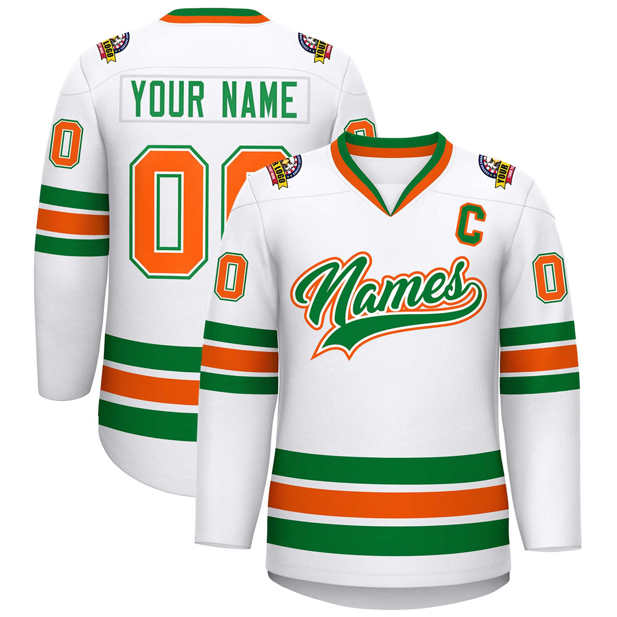 Custom White Kelly Green White-Orange Classic Style Hockey Jersey