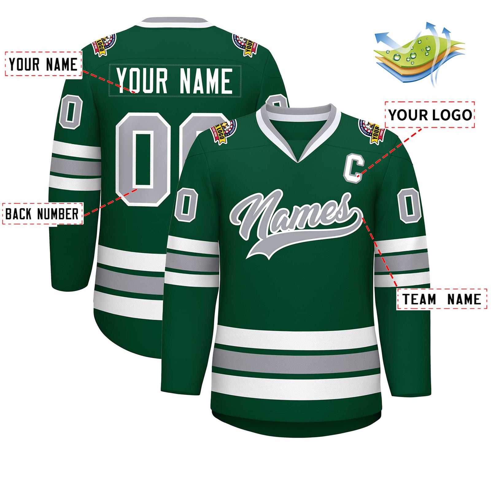 Custom Green Gray-White Classic Style Hockey Jersey