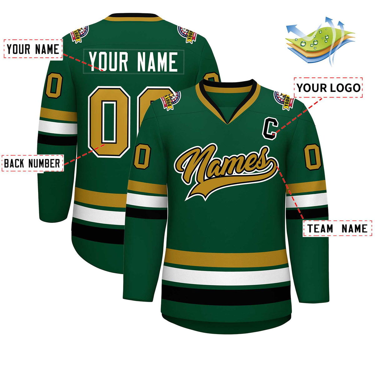 Custom Green Old Gold Black-White Classic Style Hockey Jersey