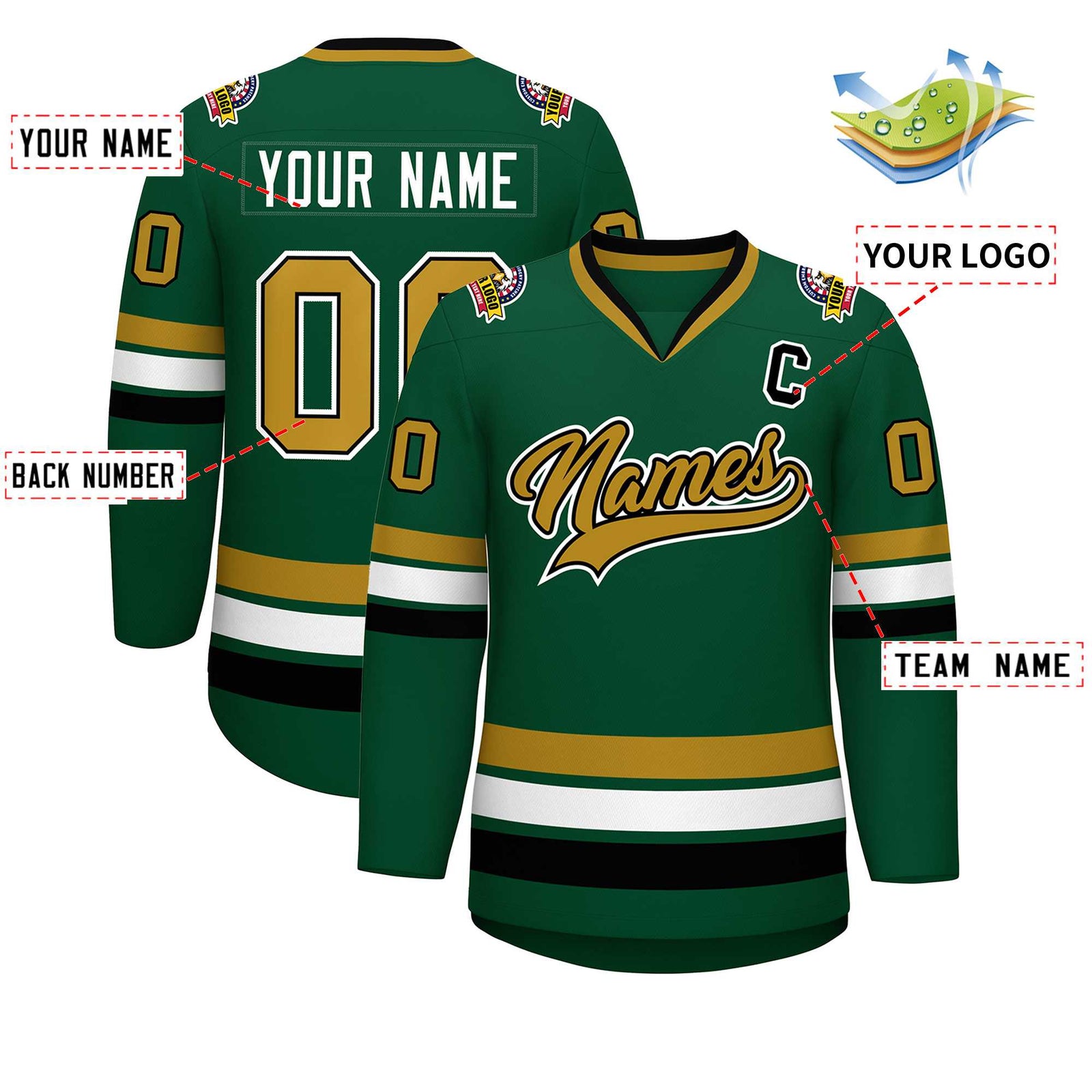 Custom Green Old Gold Black-White Classic Style Hockey Jersey
