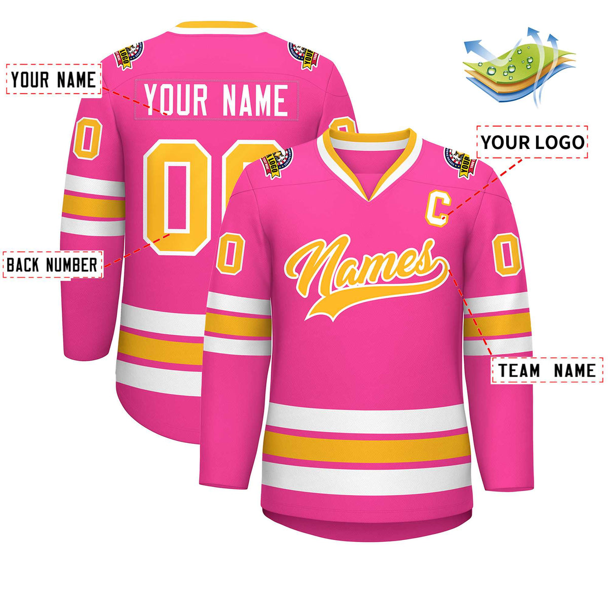 Custom Pink Gold-White Classic Style Hockey Jersey