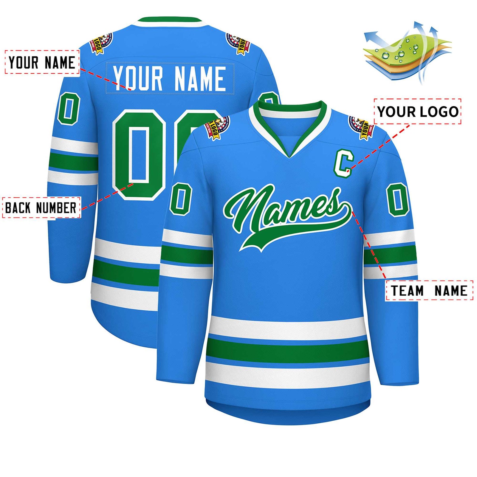 Custom Powder Blue Kelly Green-White Classic Style Hockey Jersey
