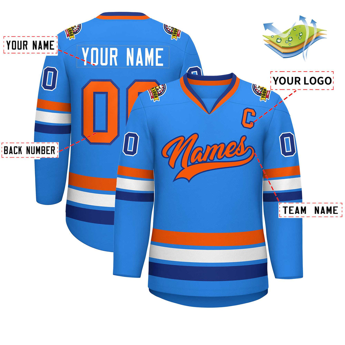 Custom Powder Blue Orange-Royal Classic Style Hockey Jersey