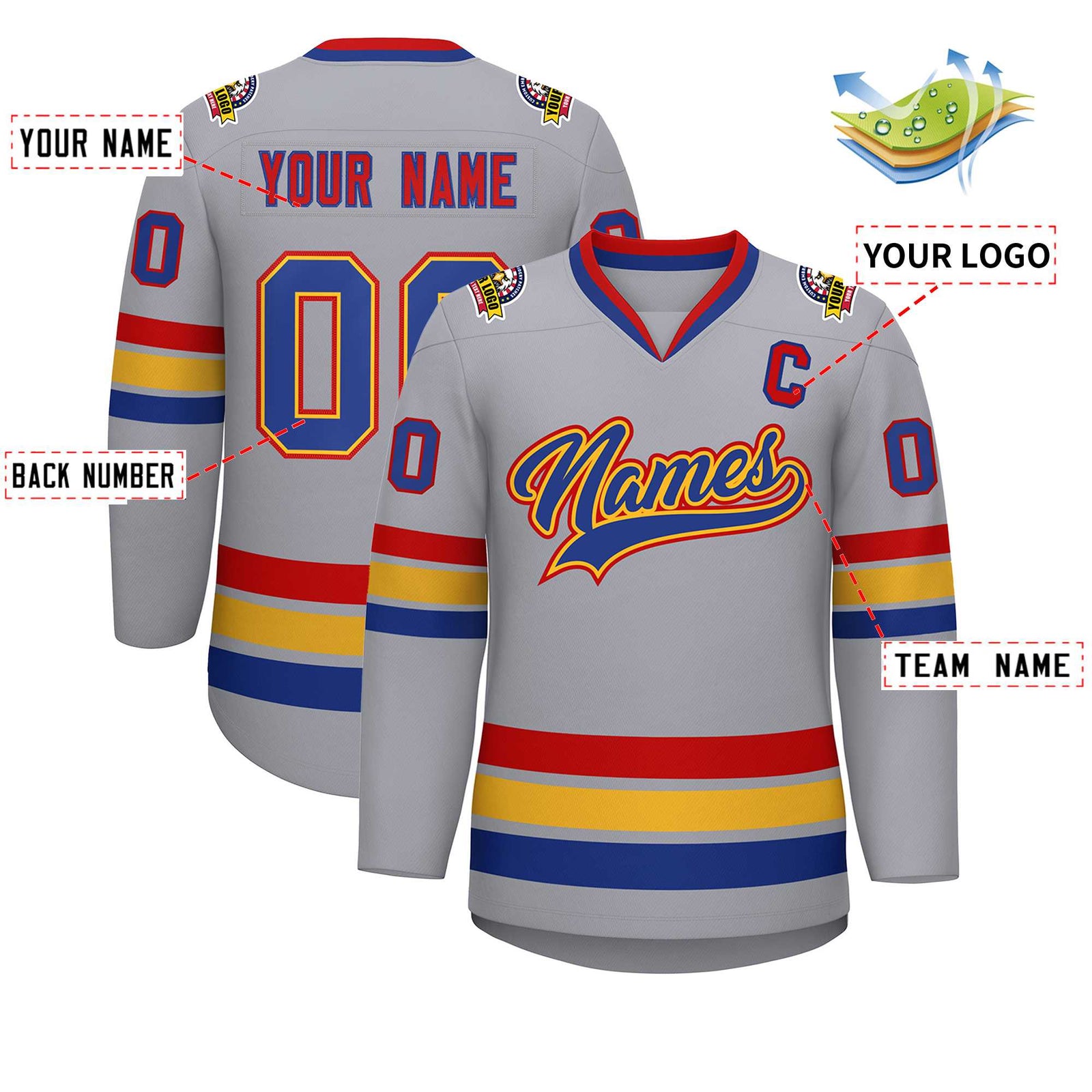 Custom Gray Royal Gold-Red Classic Style Hockey Jersey