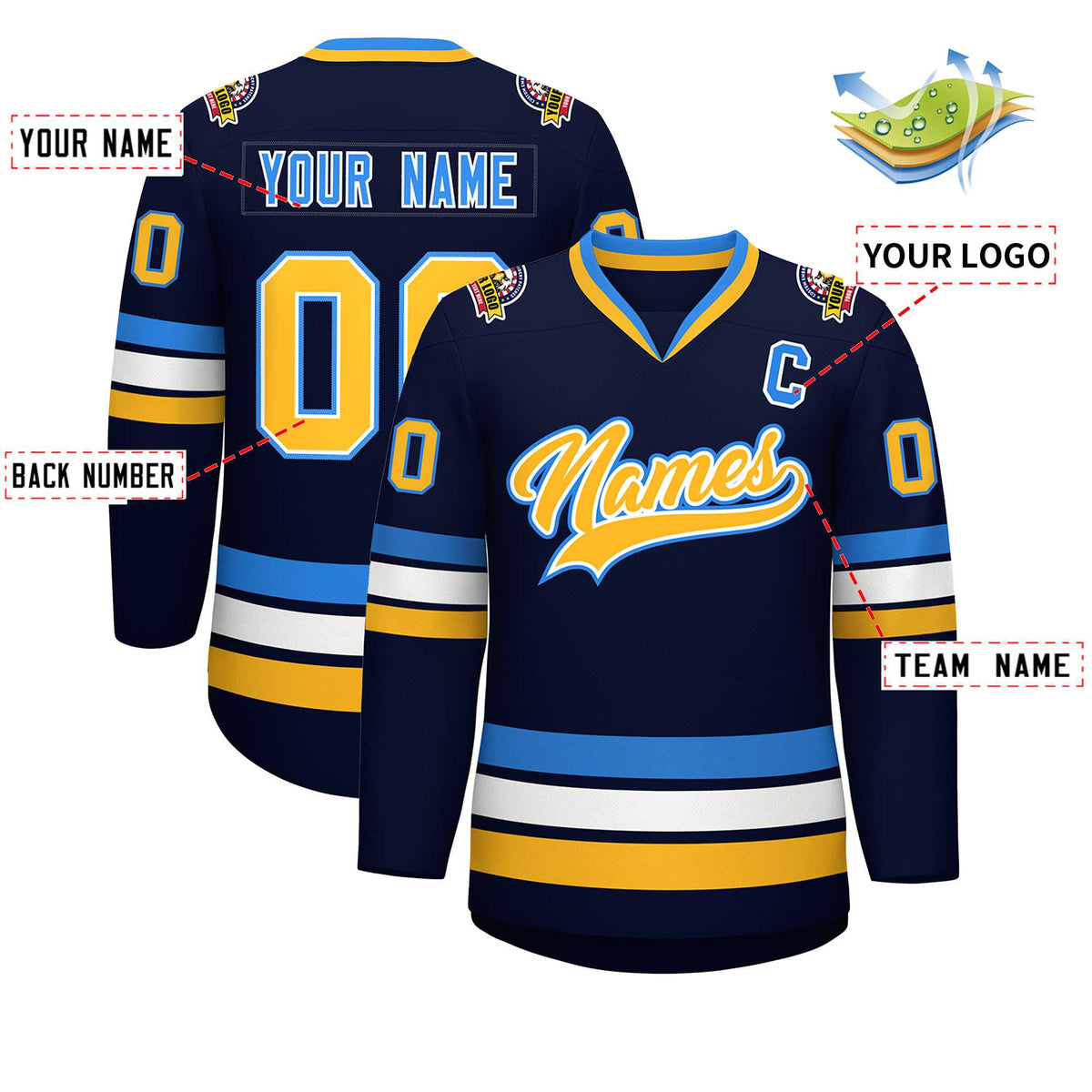 Custom Navy Gold White-Powder Blue Classic Style Hockey Jersey