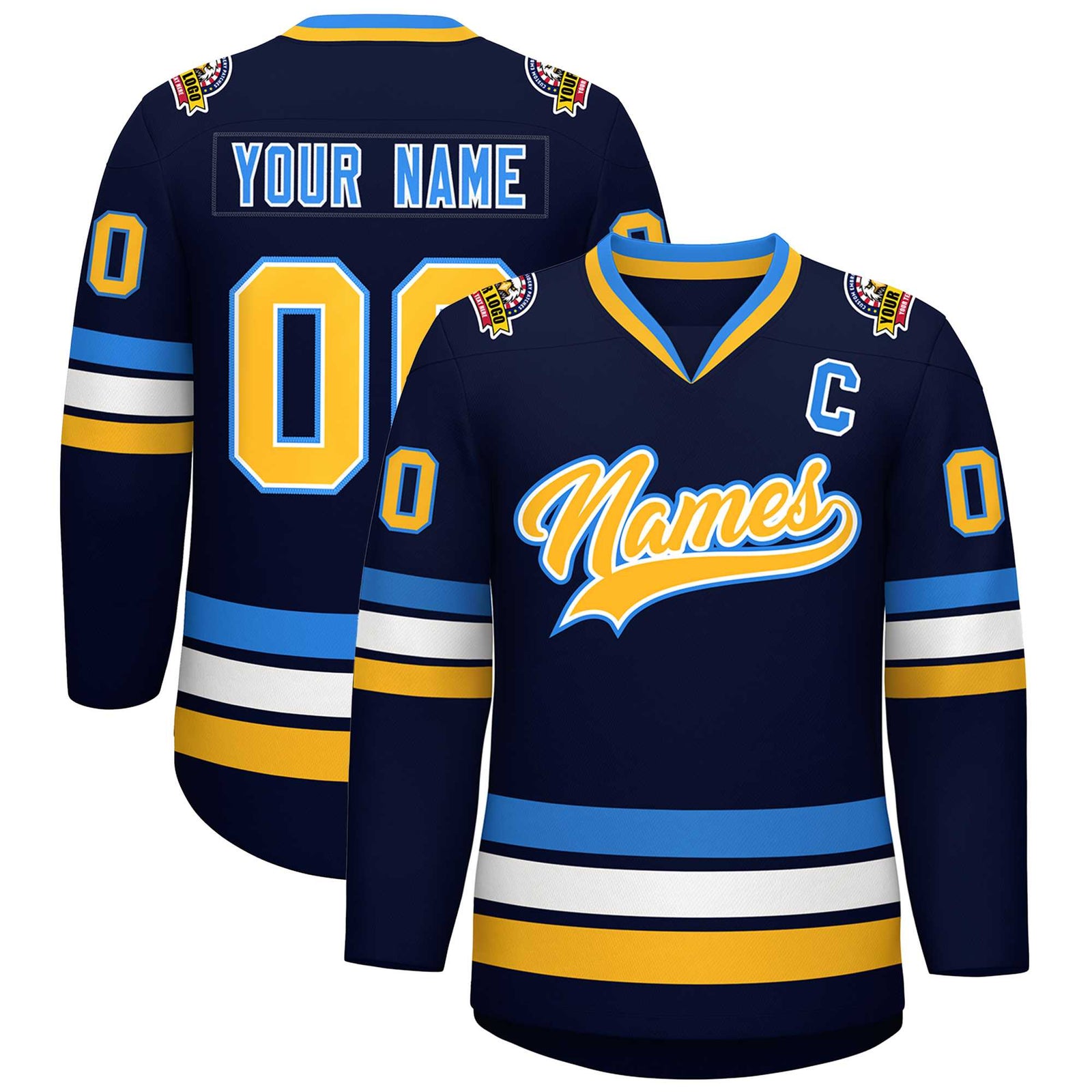 Custom Navy Gold White-Powder Blue Classic Style Hockey Jersey