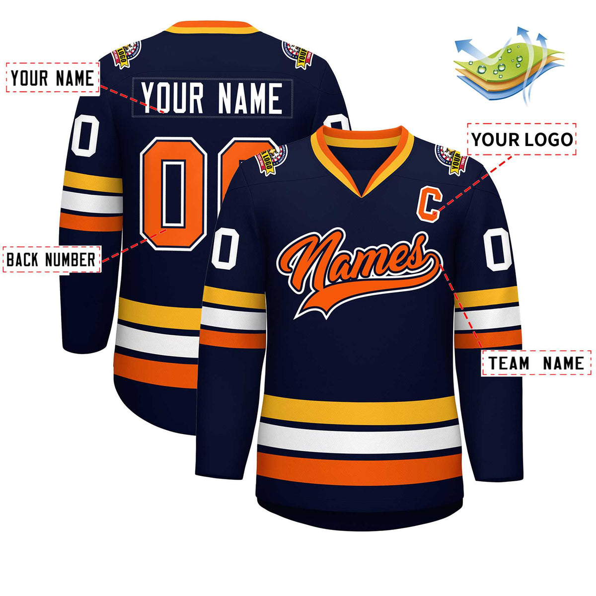 Custom Navy Orange Navy-White Classic Style Hockey Jersey