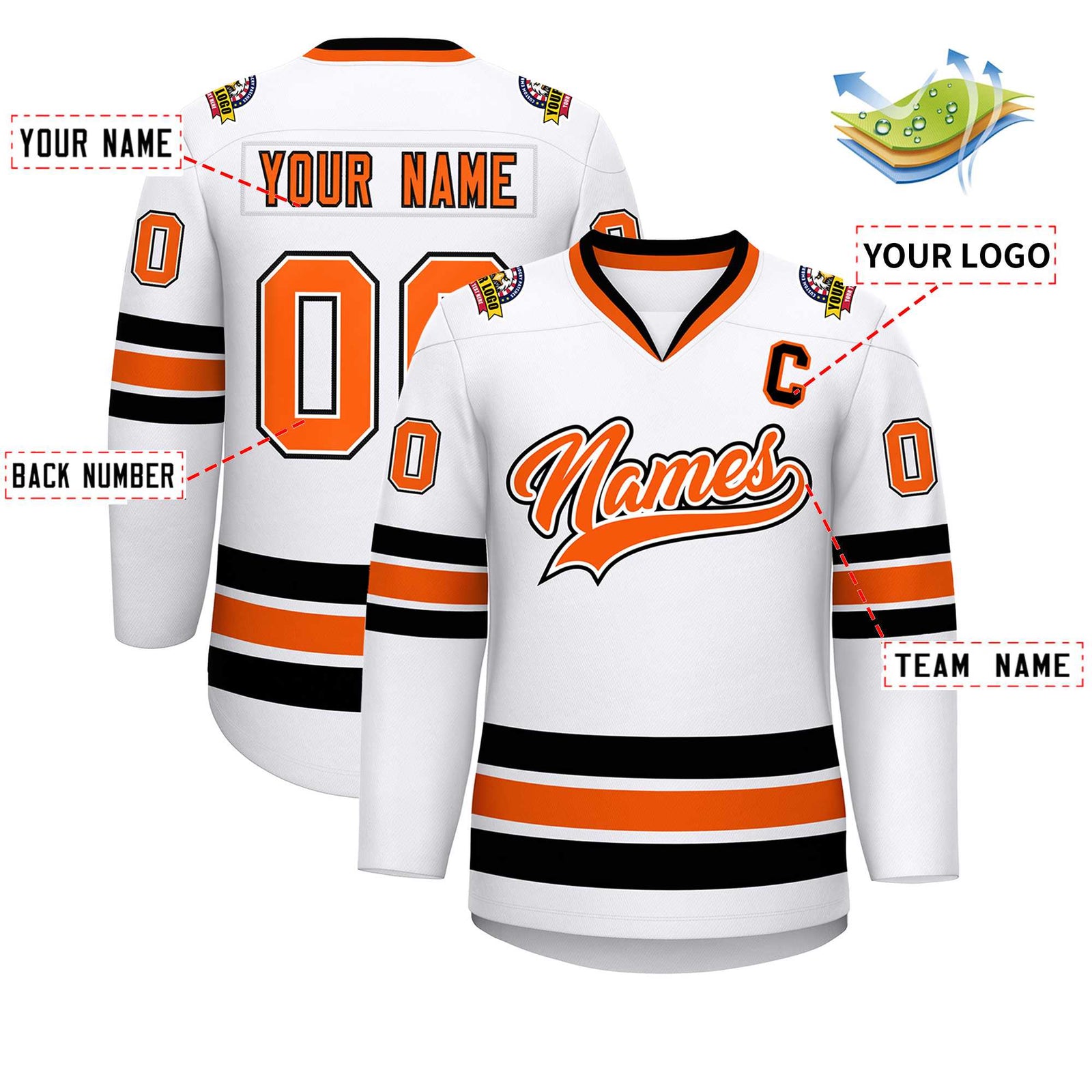 Custom White Orange White-Black Classic Style Hockey Jersey