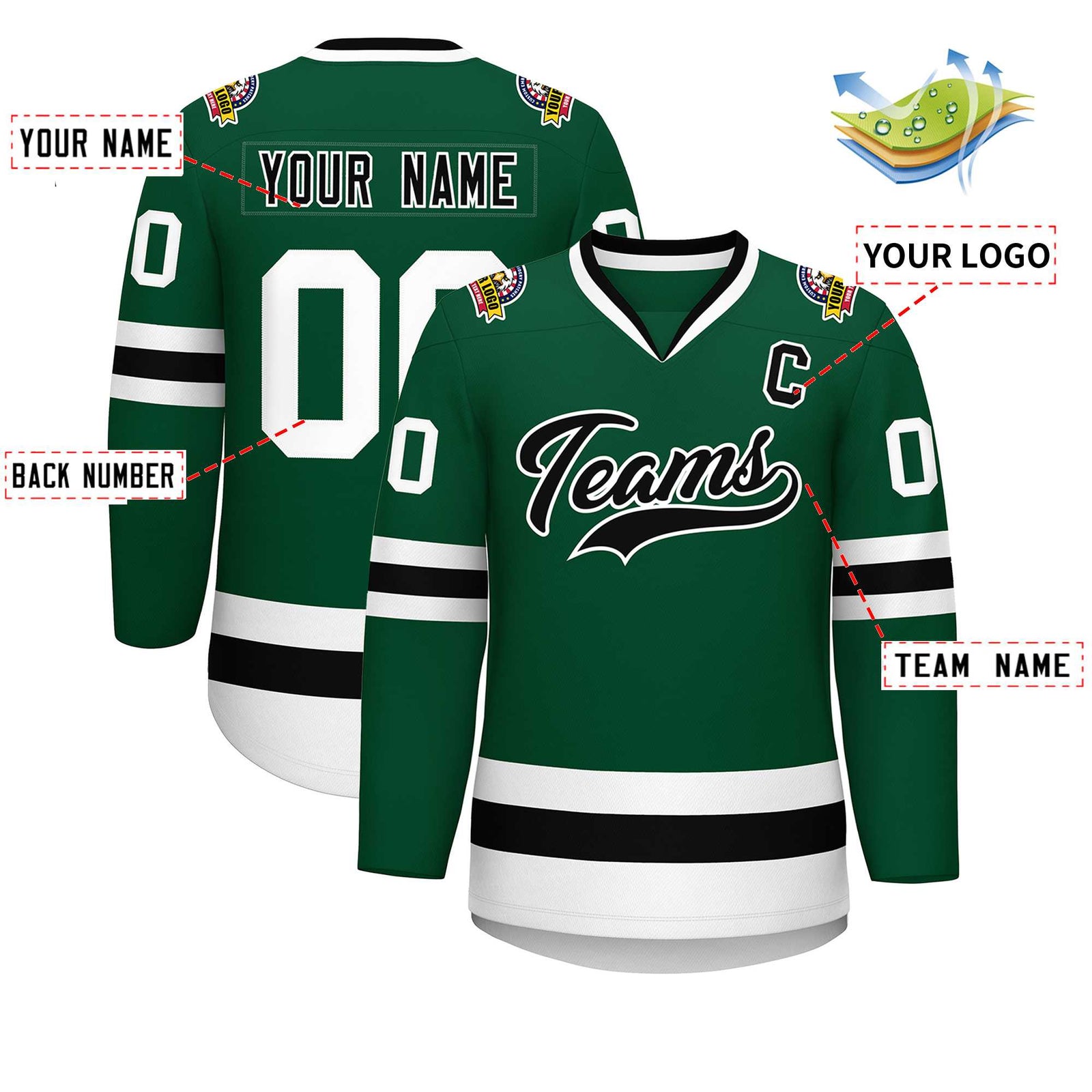 Custom Green Black-White Classic Style Hockey Jersey