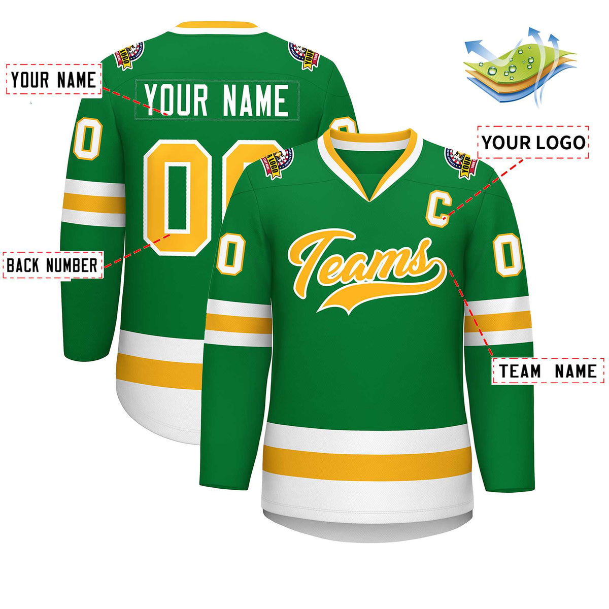 Custom Kelly Green Gold-White Classic Style Hockey Jersey