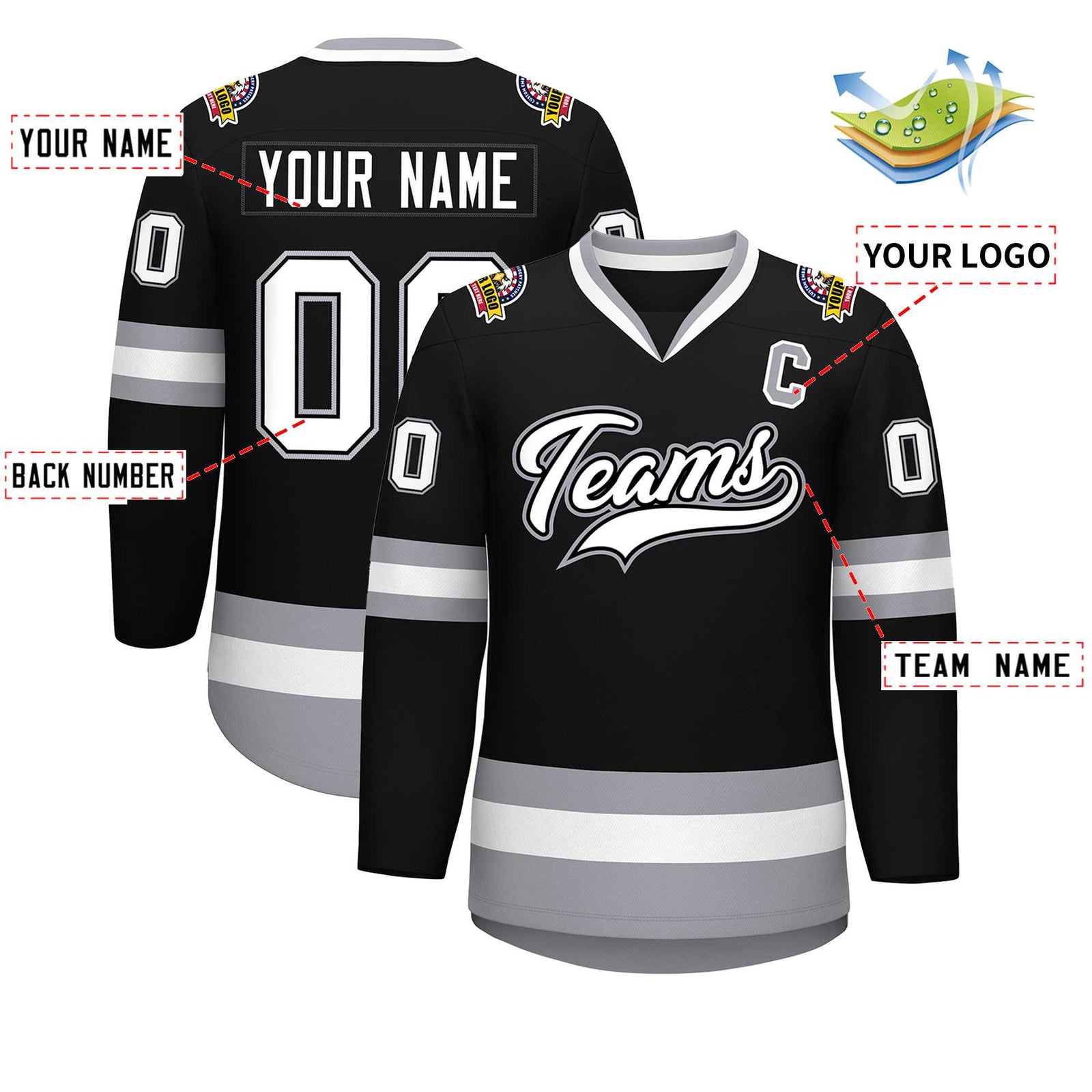 Custom Black White Black-Gray Classic Style Hockey Jersey