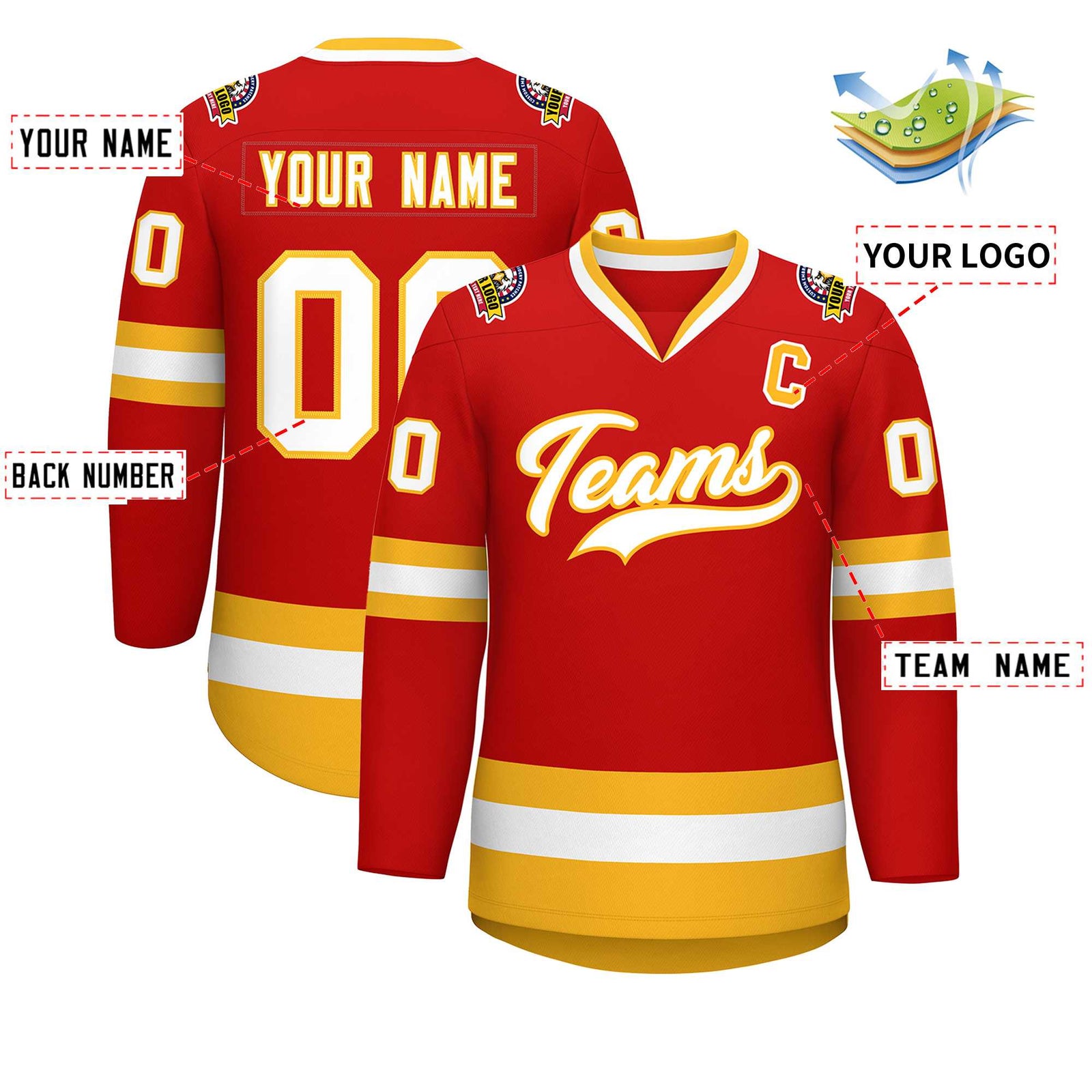 Custom Red White-Gold Classic Style Hockey Jersey