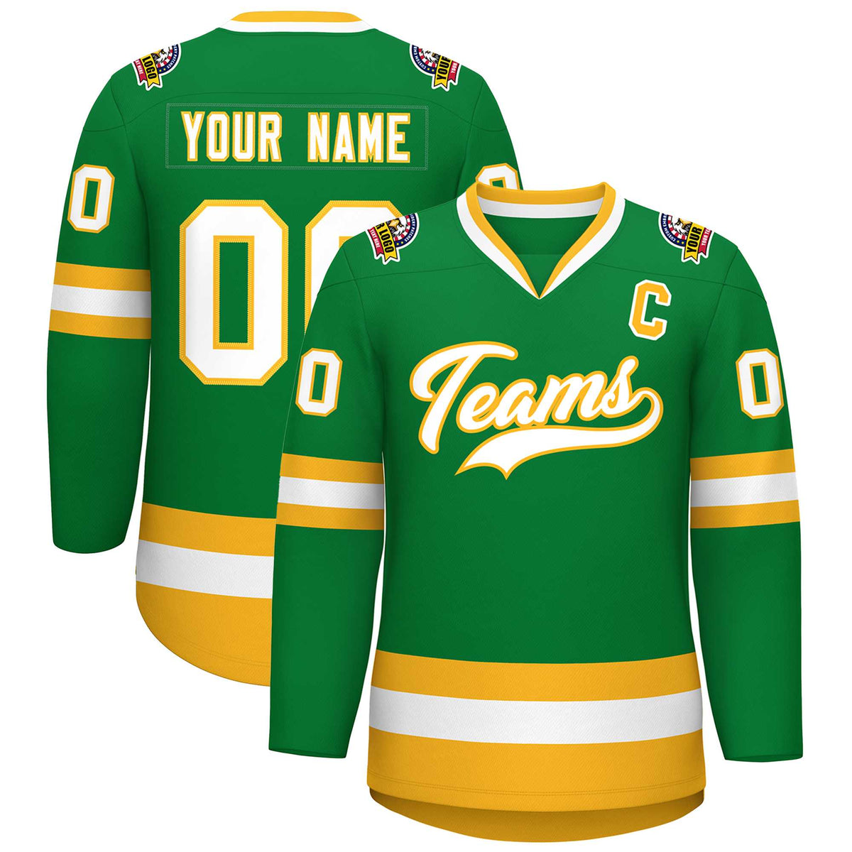 Custom Kelly Green White-Gold Classic Style Hockey Jersey