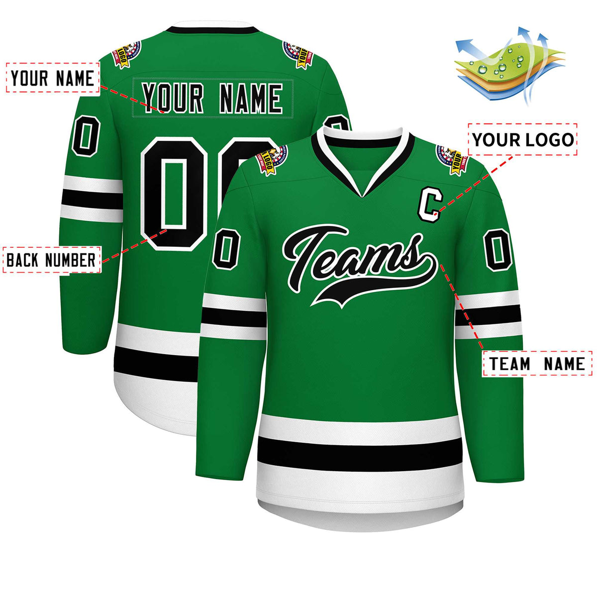 Custom Kelly Green Black-White Classic Style Hockey Jersey