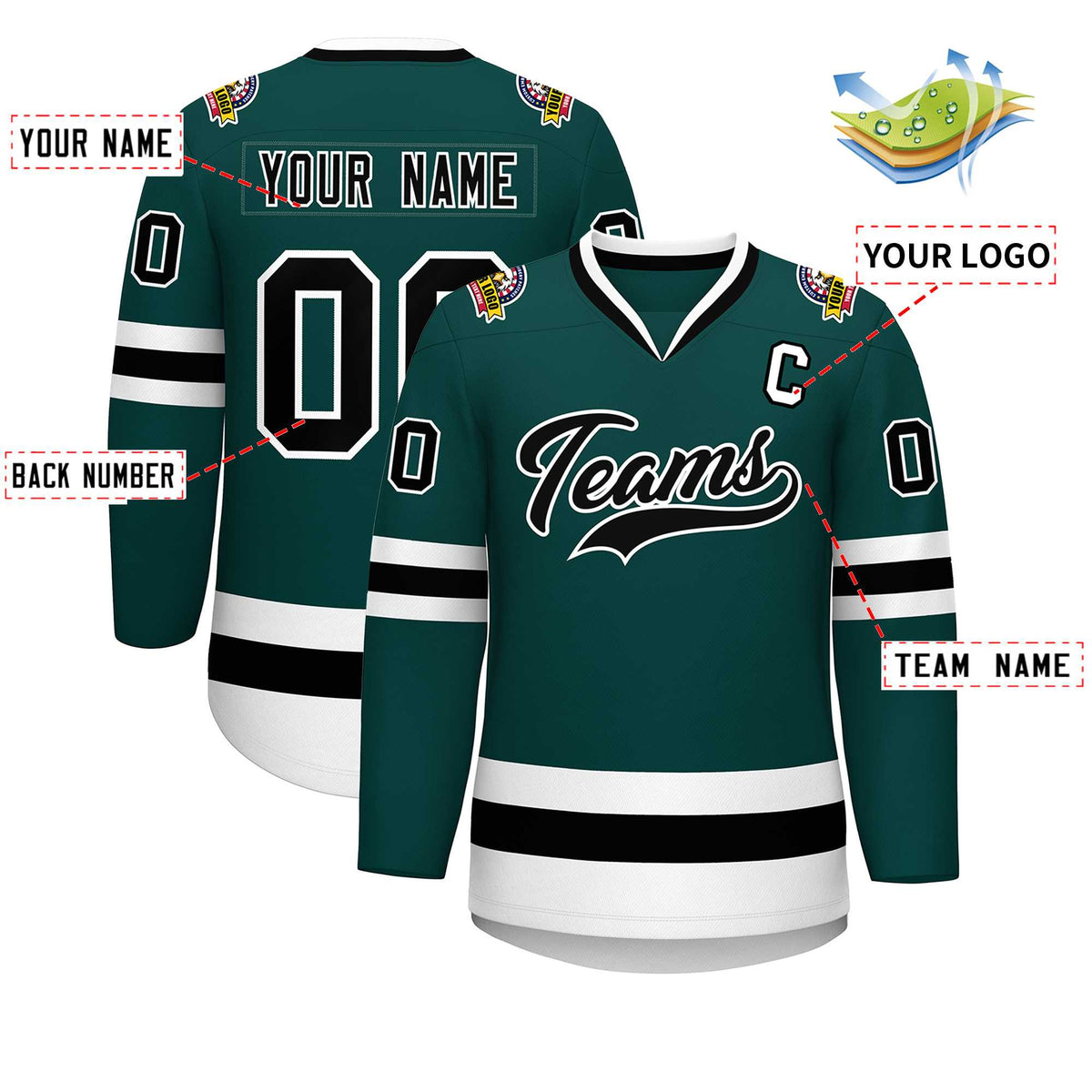 Custom Midnight Green Black-White Classic Style Hockey Jersey
