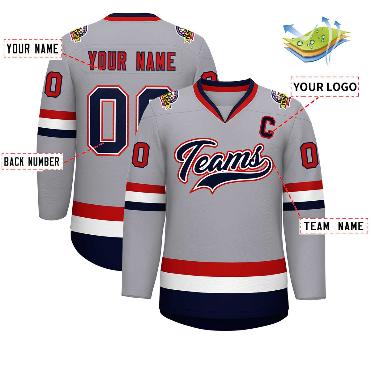 Custom Gray Navy White-Red Classic Style Hockey Jersey