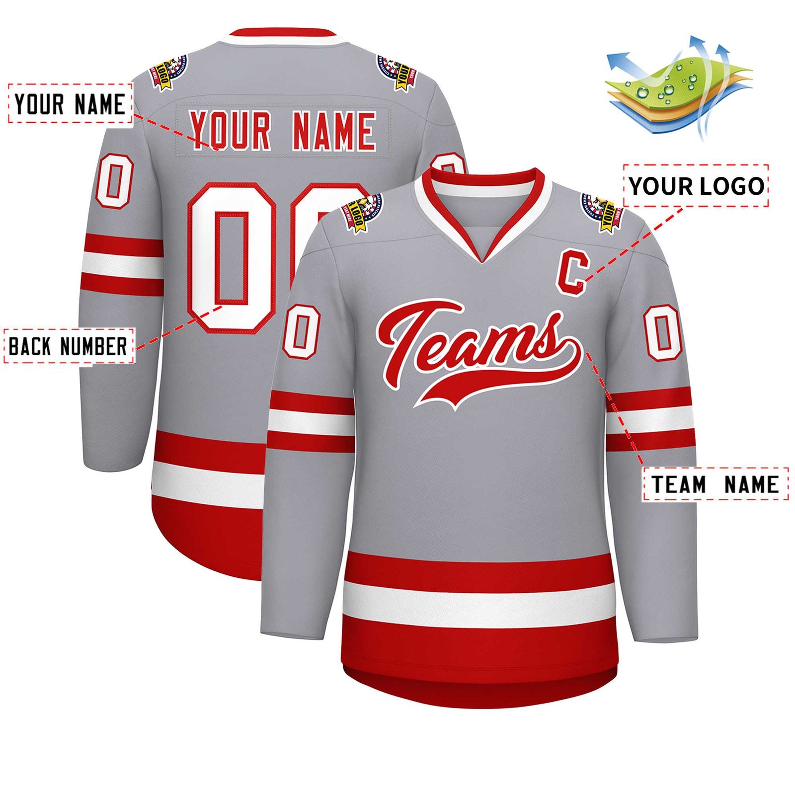 Custom Gray Red-White Classic Style Hockey Jersey