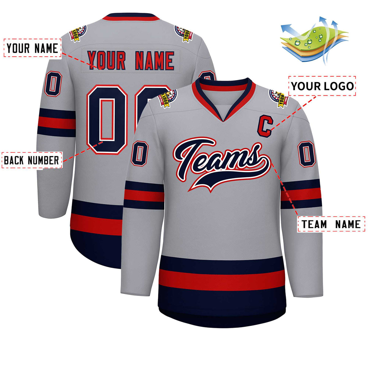 Custom Gray Navy White-Red Classic Style Hockey Jersey
