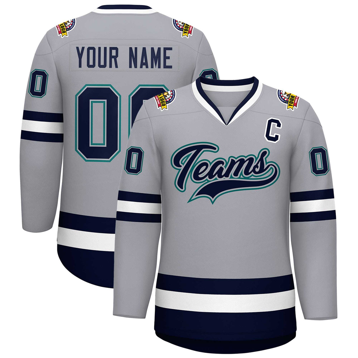 Custom Gray Navy Gray-Aqua Classic Style Hockey Jersey