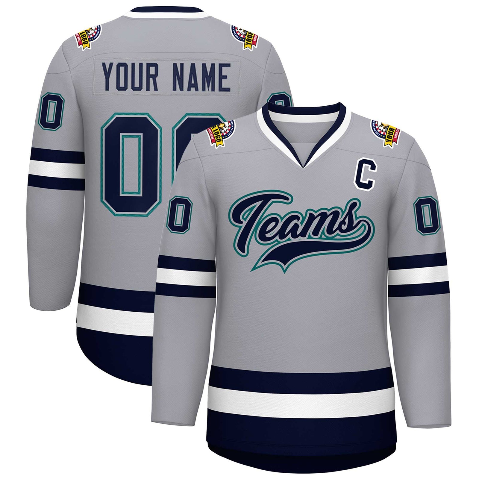 Custom Gray Navy Gray-Aqua Classic Style Hockey Jersey