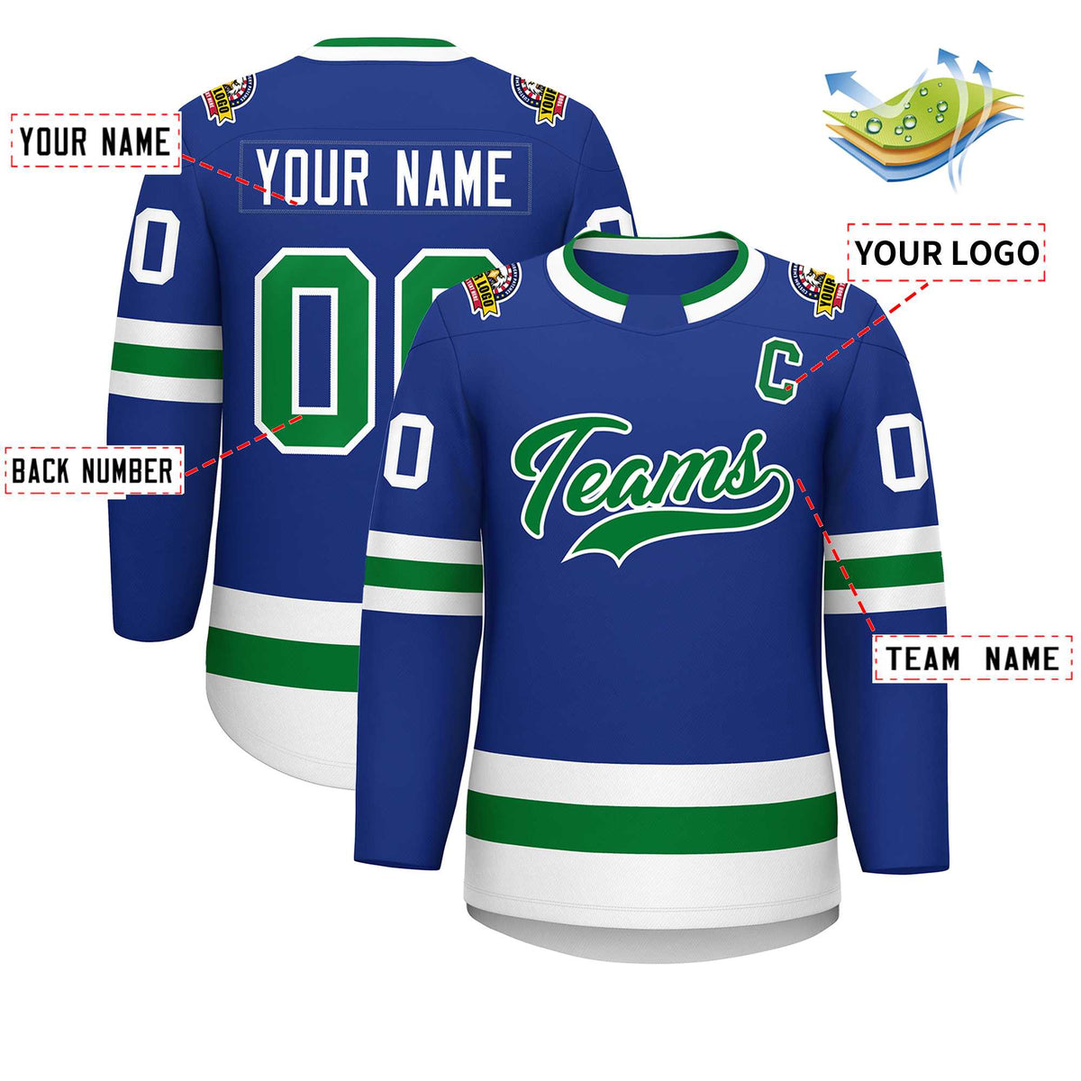 Custom Royal Kelly Green-White Classic Style Hockey Jersey