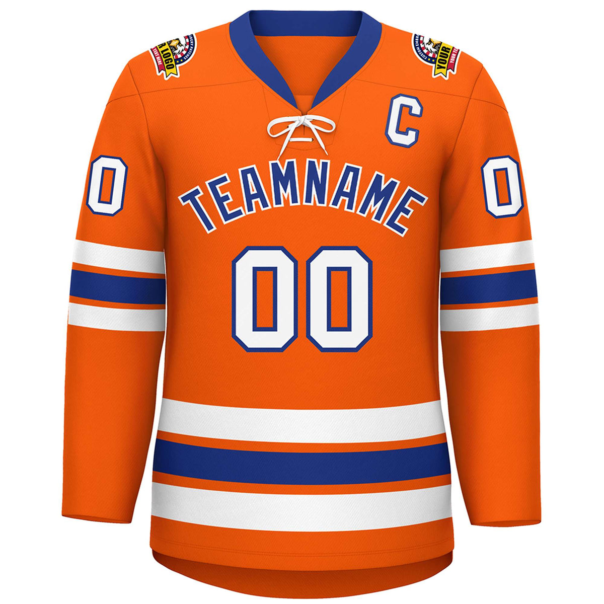 Custom Orange Royal-White Lace-Up Neck Hockey Jersey