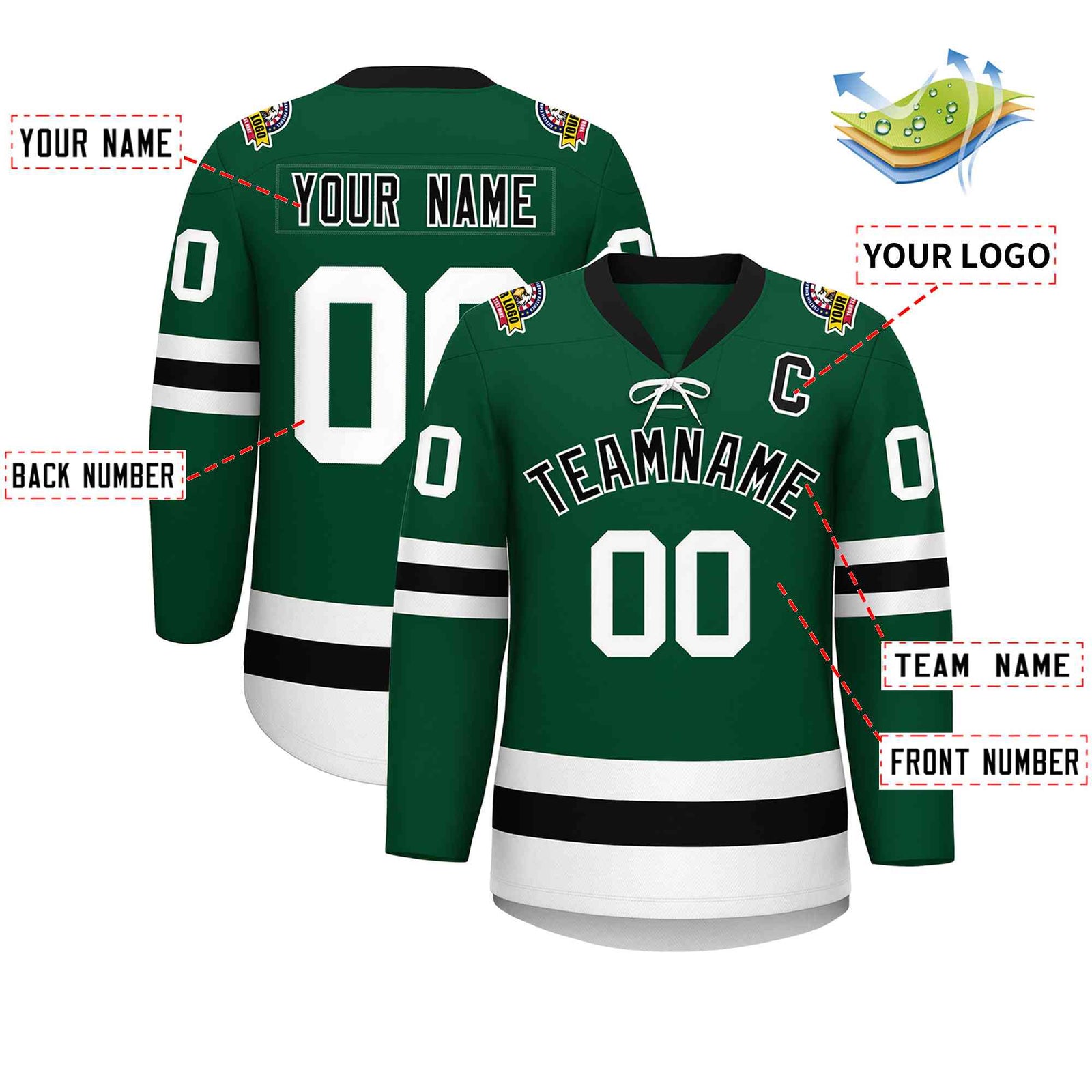 Custom Green Black-White Lace-Up Neck Hockey Jersey