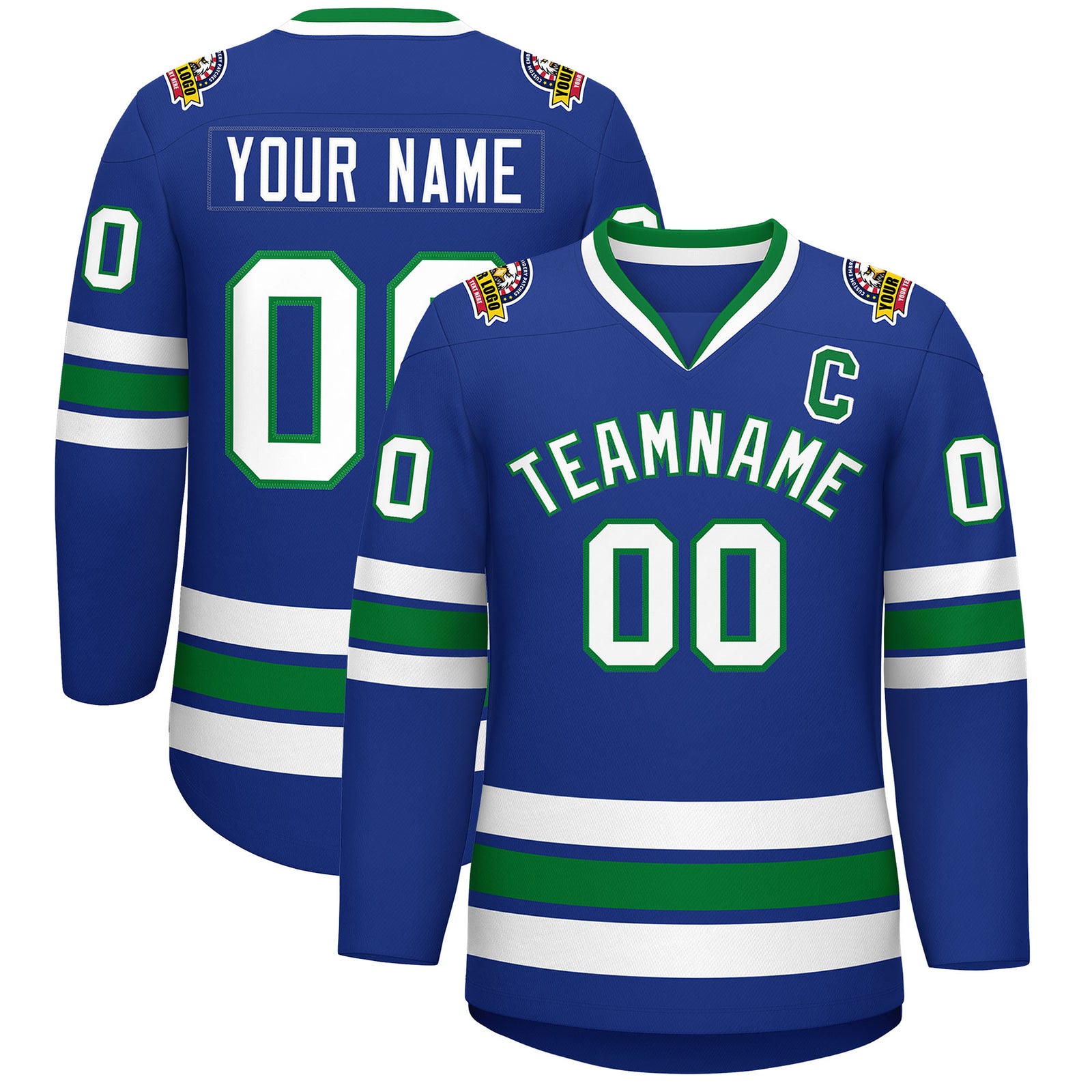 Custom Royal White-Kelly Green Classic Style Hockey Jersey
