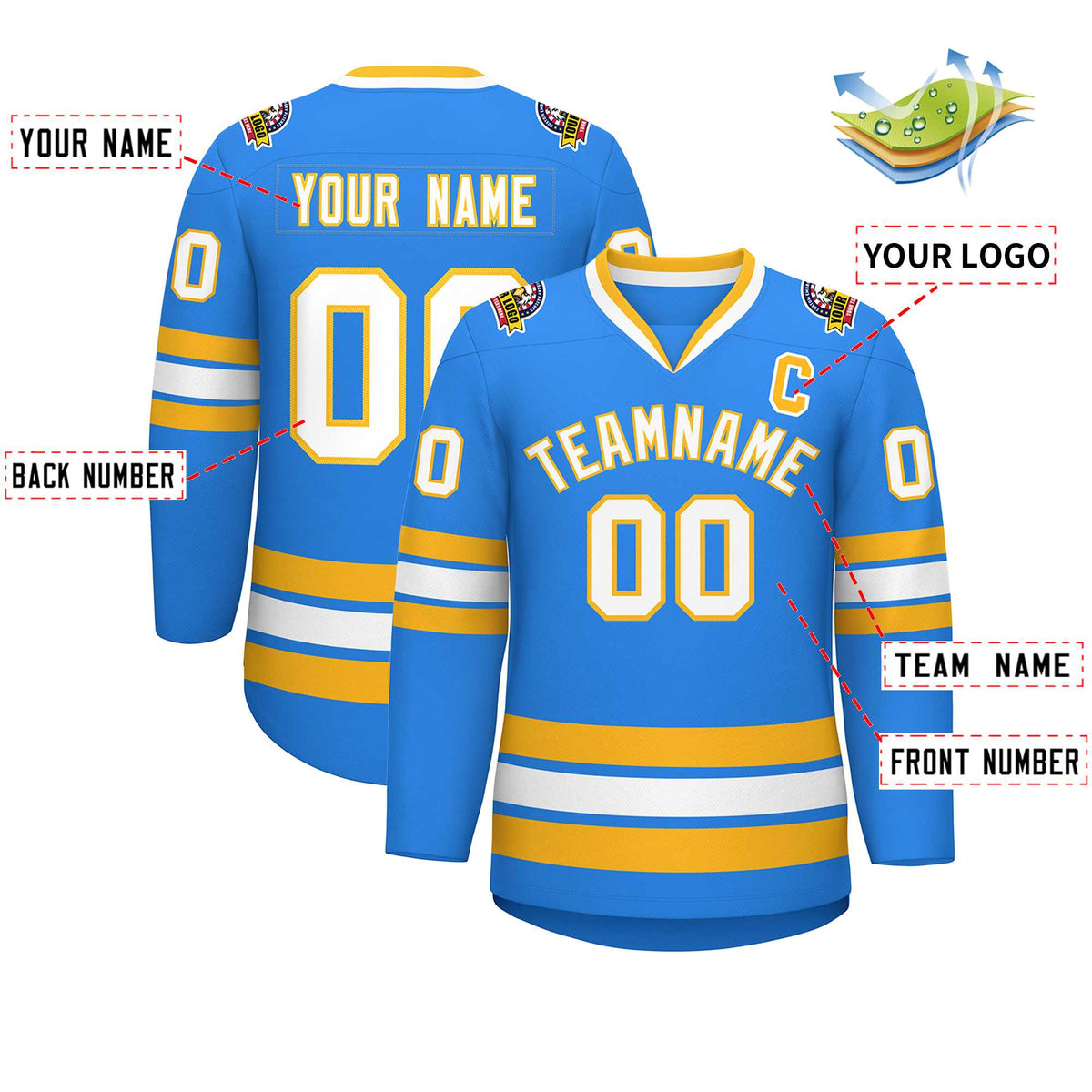 Custom Powder Blue White-Gold Classic Style Hockey Jersey