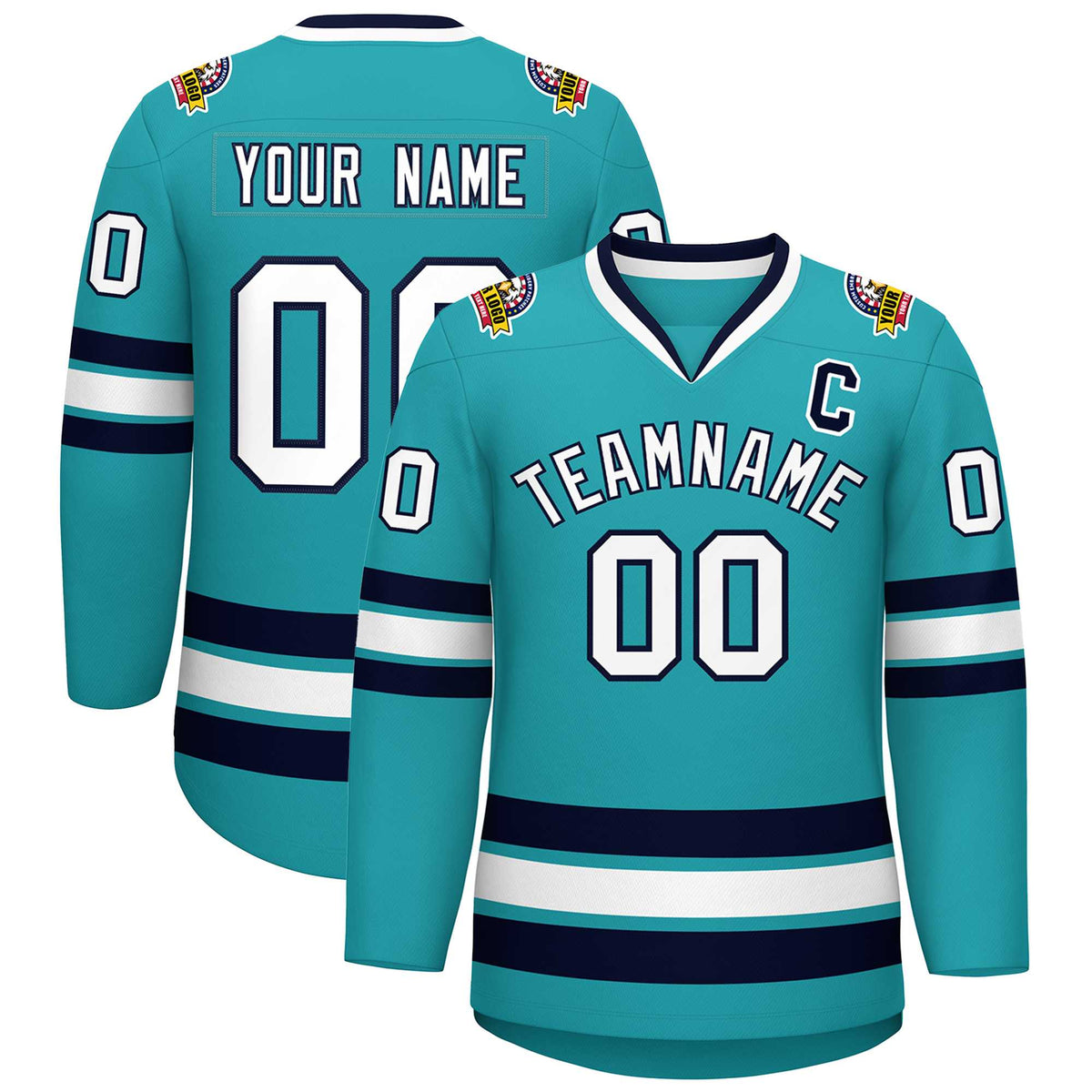 Custom Aqua White-Navy Classic Style Hockey Jersey