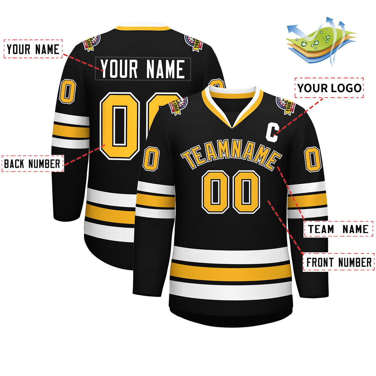 Custom Black Gold-White Classic Style Design Hockey Jersey
