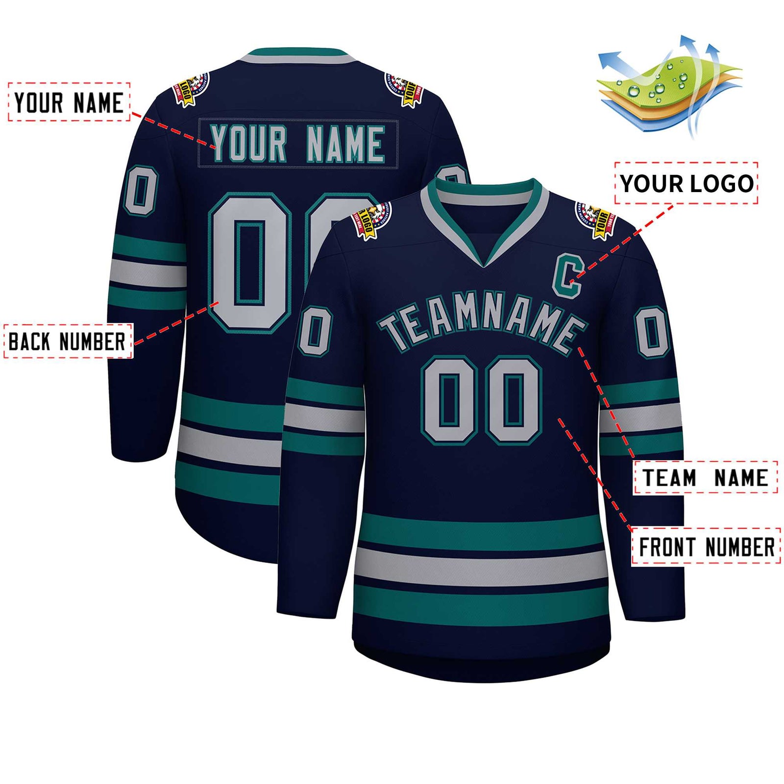 Custom Navy Gray Navy-Aqua Classic Style Hockey Jersey
