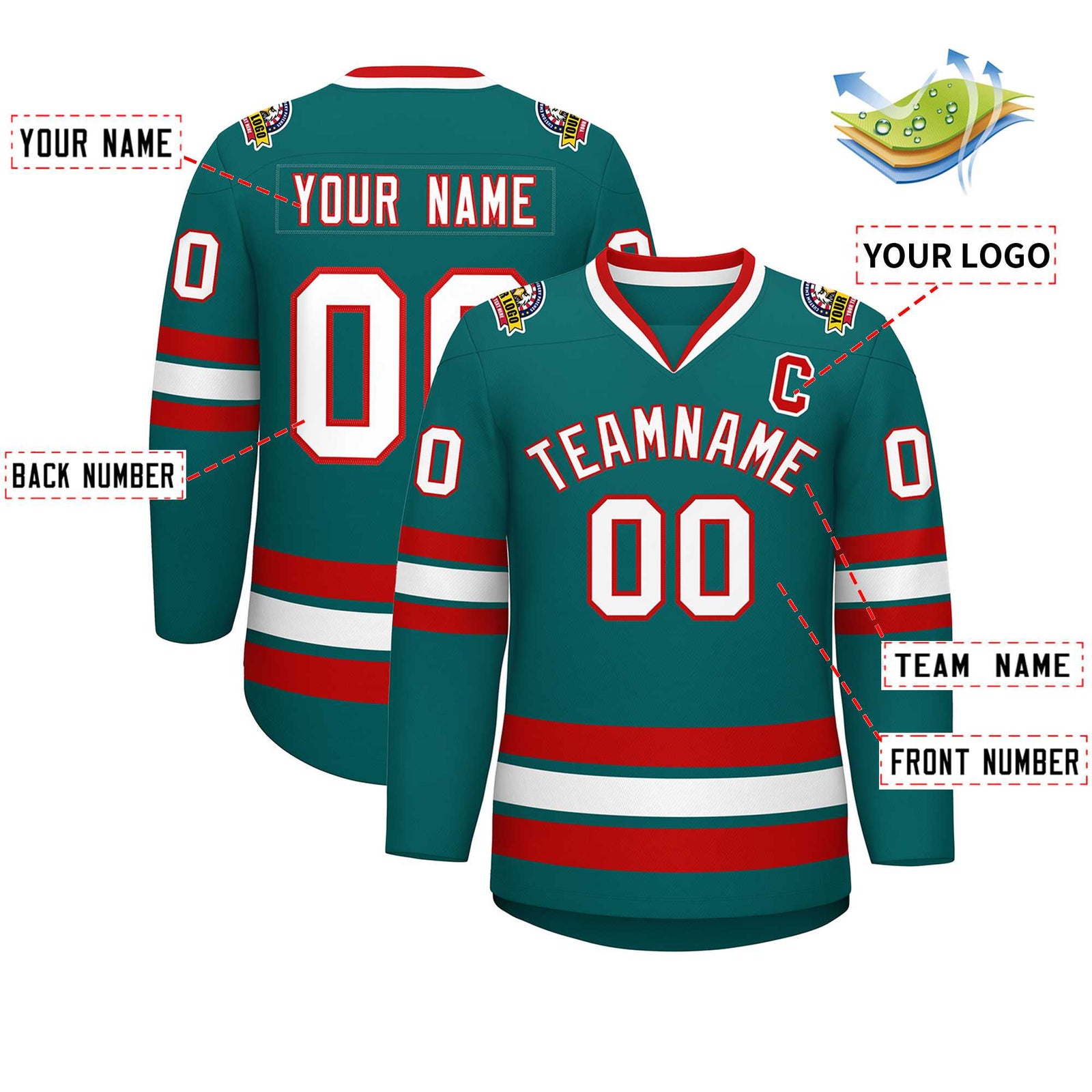 Custom Aqua White-Red Classic Style Hockey Jersey