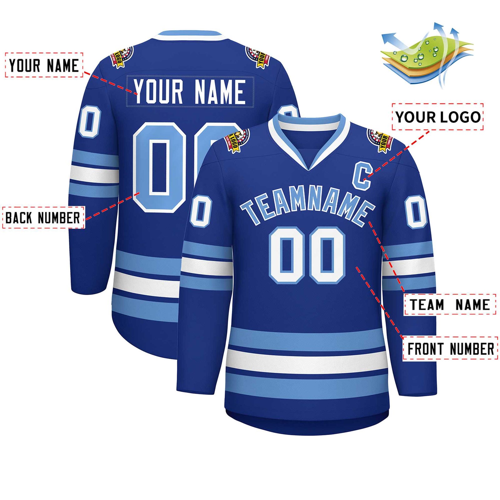 Custom Royal Light Blue-White Classic Style Hockey Jersey