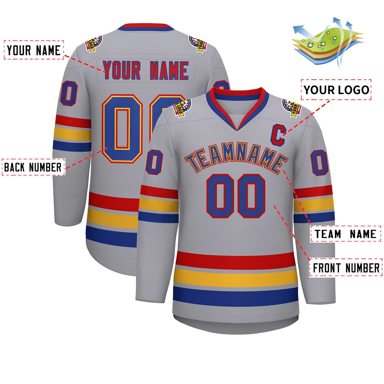 Custom Gray Royal Gold-Red Classic Style Hockey Jersey