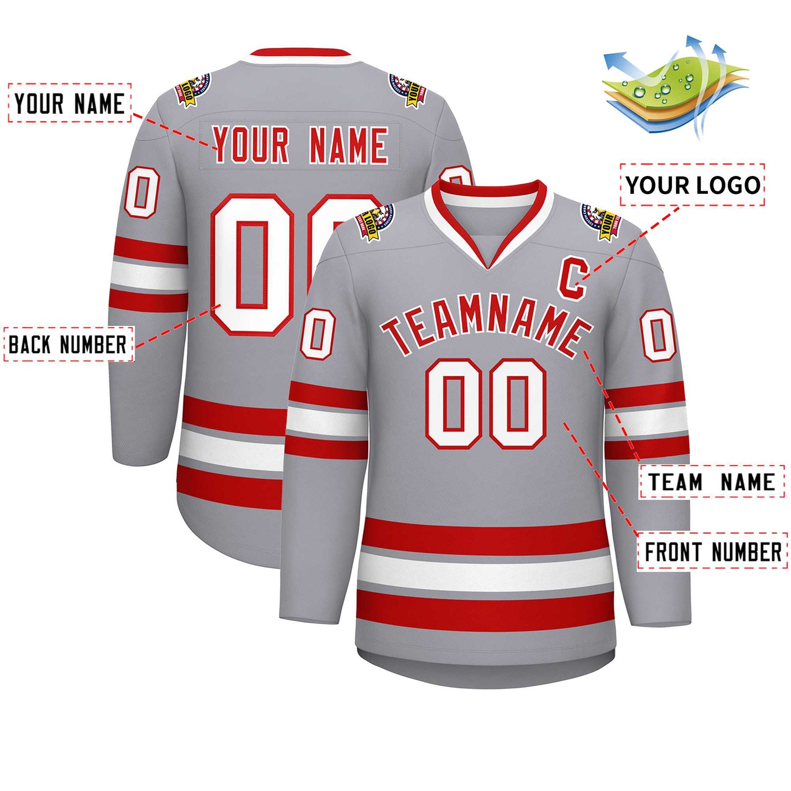 Custom Gray Red-White Classic Style Hockey Jersey
