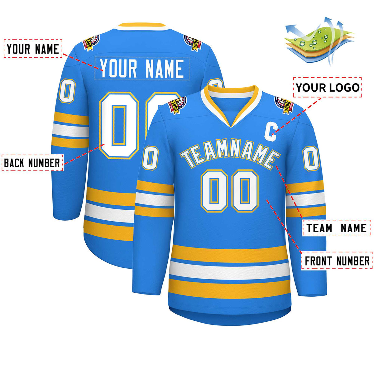 Custom Powder Blue White Powder Blue-Gold Classic Style Hockey Jersey
