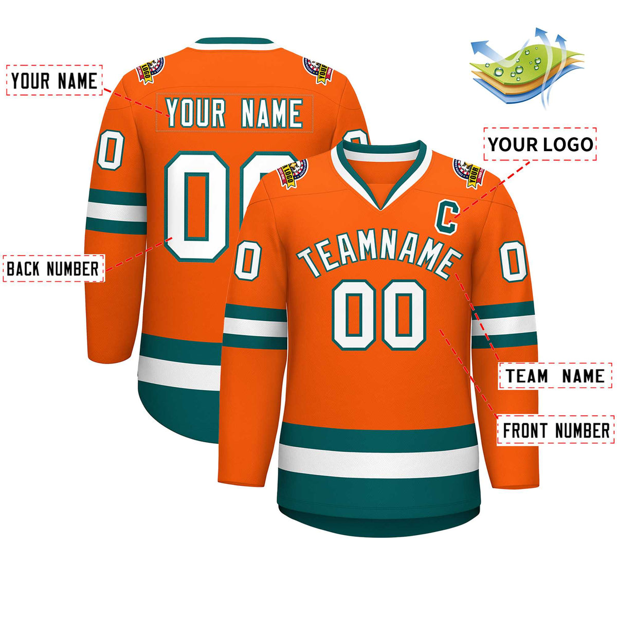 Custom Orange White-Aqua Classic Style Hockey Jersey