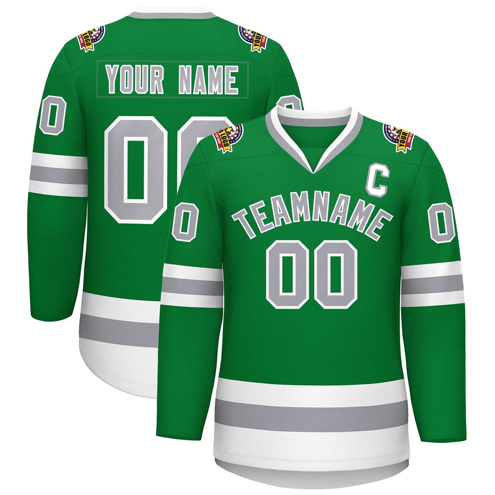 Custom Kelly Green Gray-White Classic Style Hockey Jersey