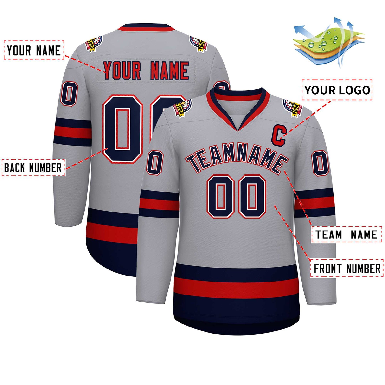 Custom Gray Navy White-Red Classic Style Hockey Jersey