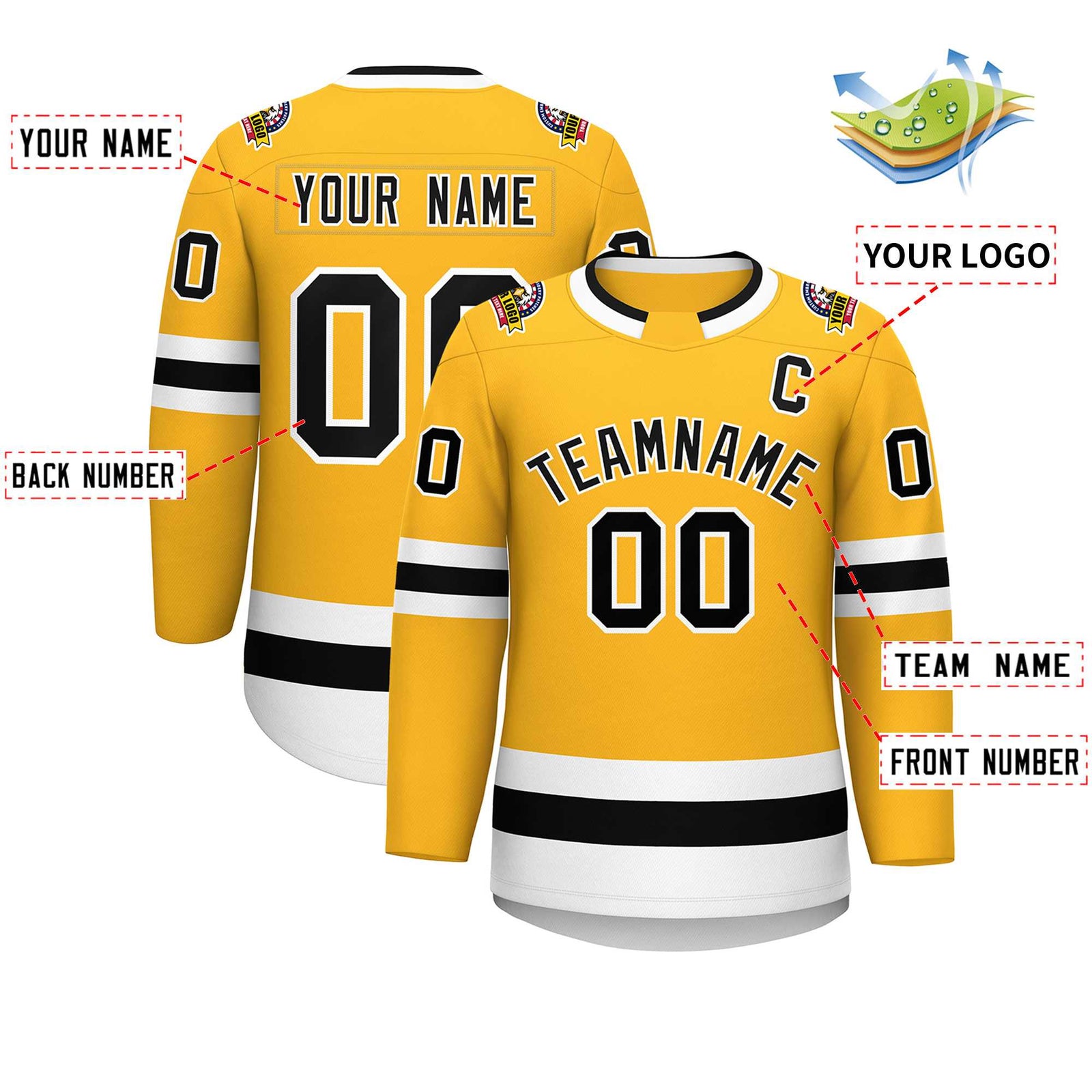 Custom Gold Black-White Classic Style Hockey Jersey