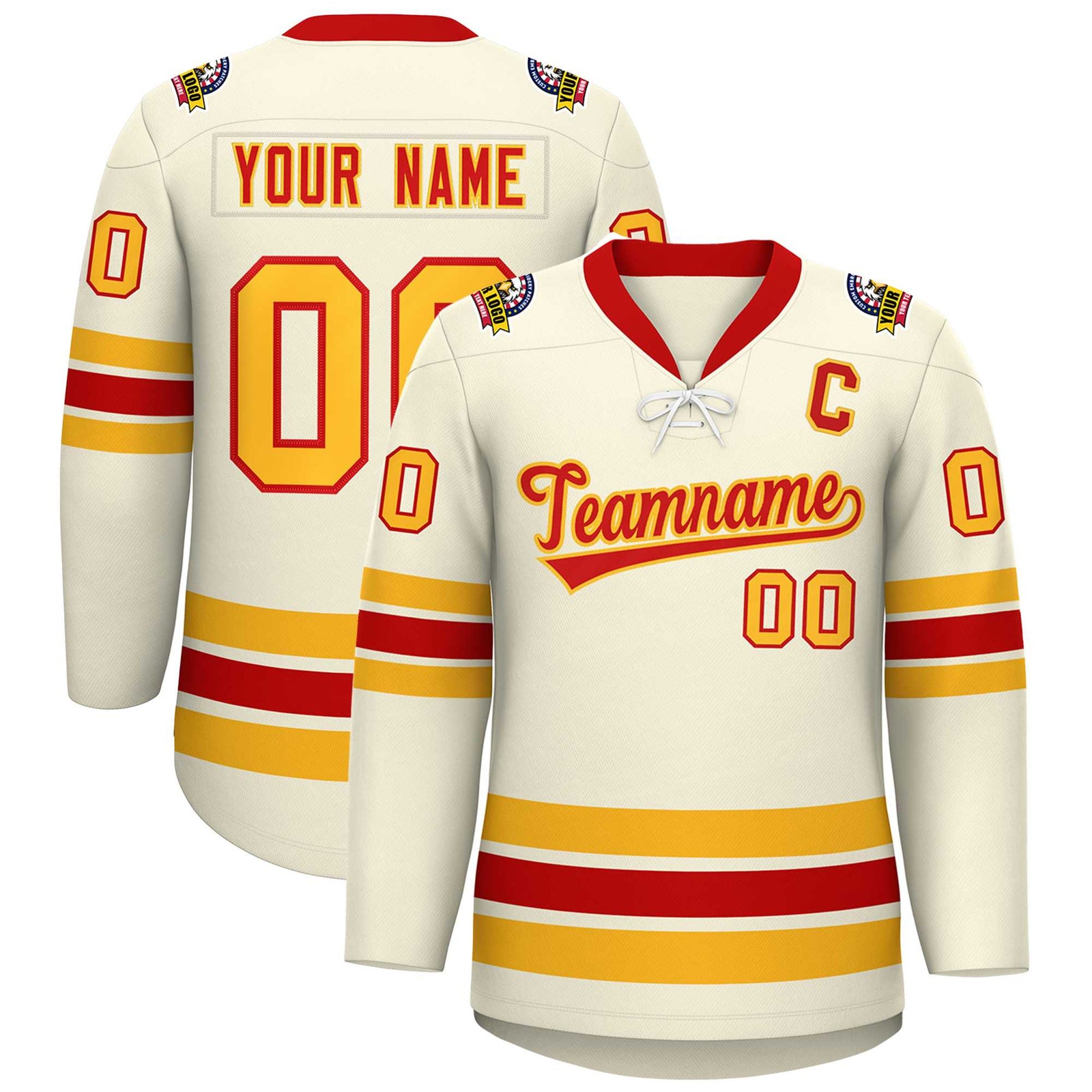 Custom Cream Red-Yellow Lace-Up Neck Hockey Jersey
