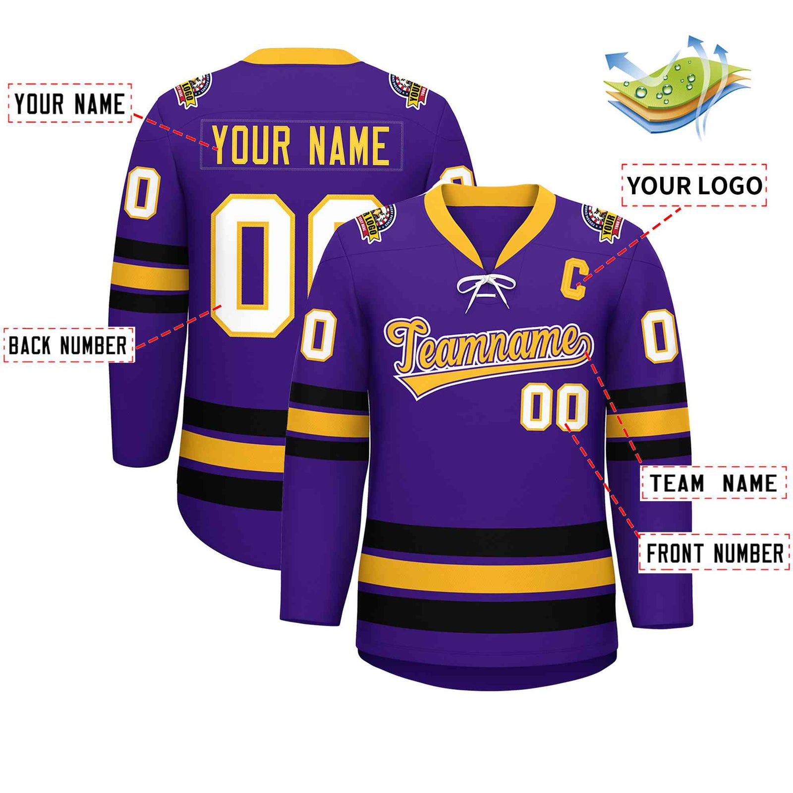 Custom Purple Yellow-Black Lace-Up Neck Hockey Jersey