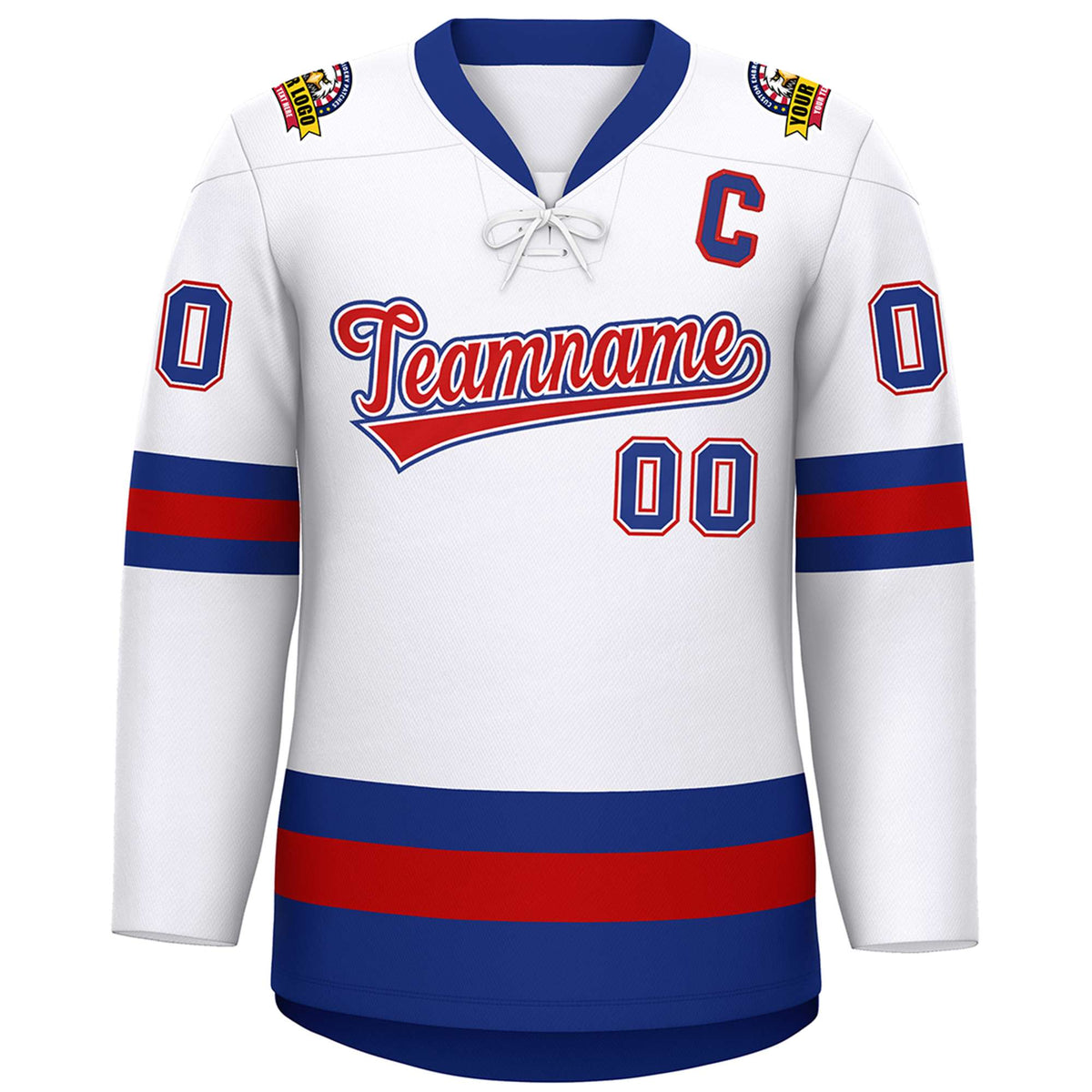 Custom White Red-Royal Lace-Up Neck Hockey Jersey