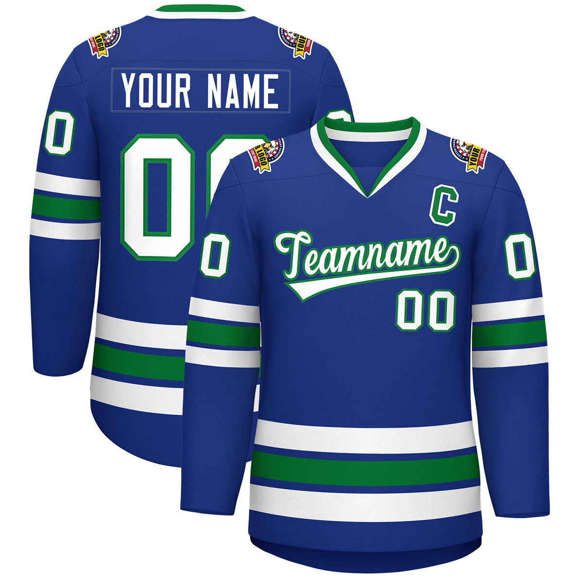 Custom Royal White-Kelly Green Classic Style Hockey Jersey