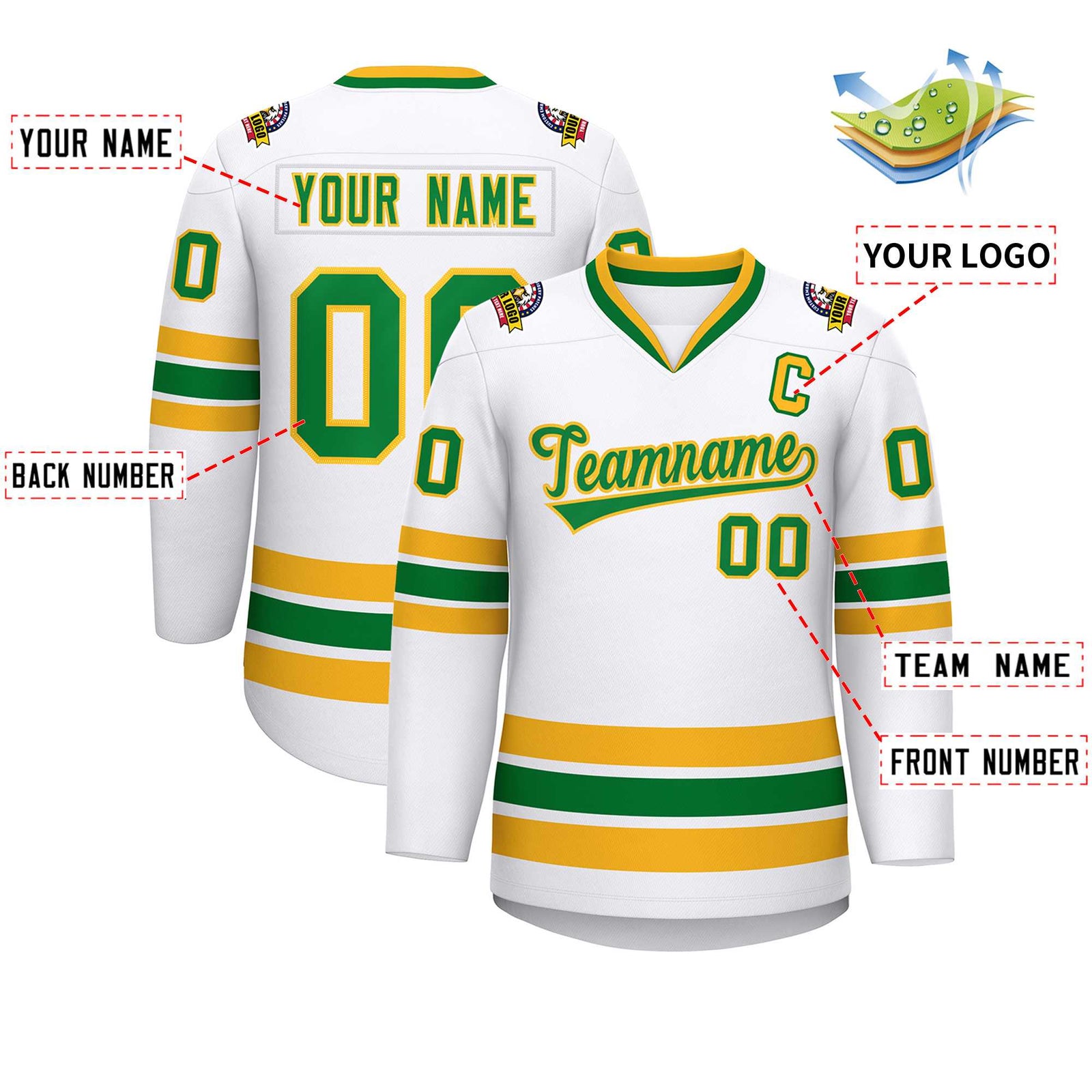 Custom White Kelly Green-Gold Classic Style Hockey Jersey
