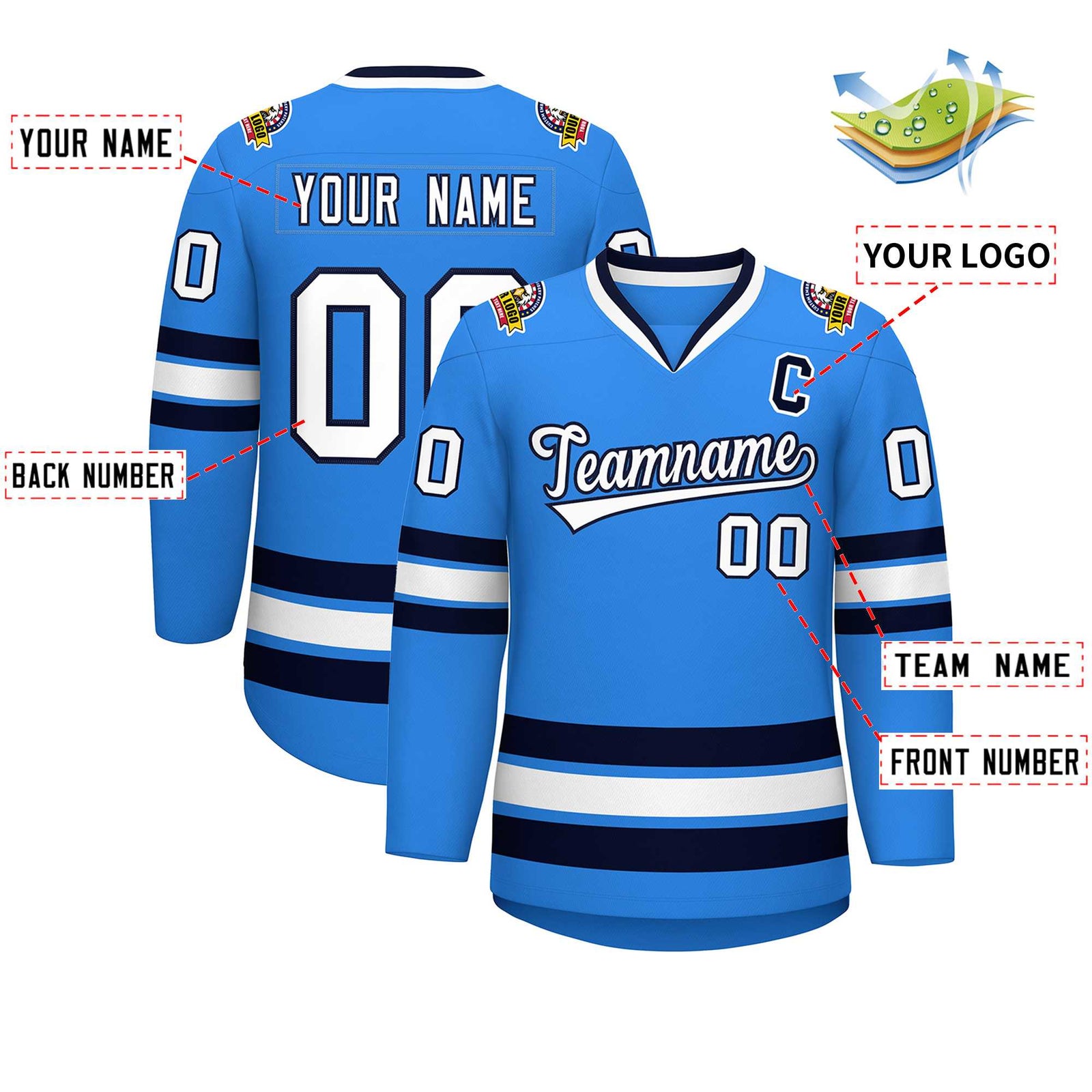 Custom Powder Blue White-Navy Classic Style Hockey Jersey