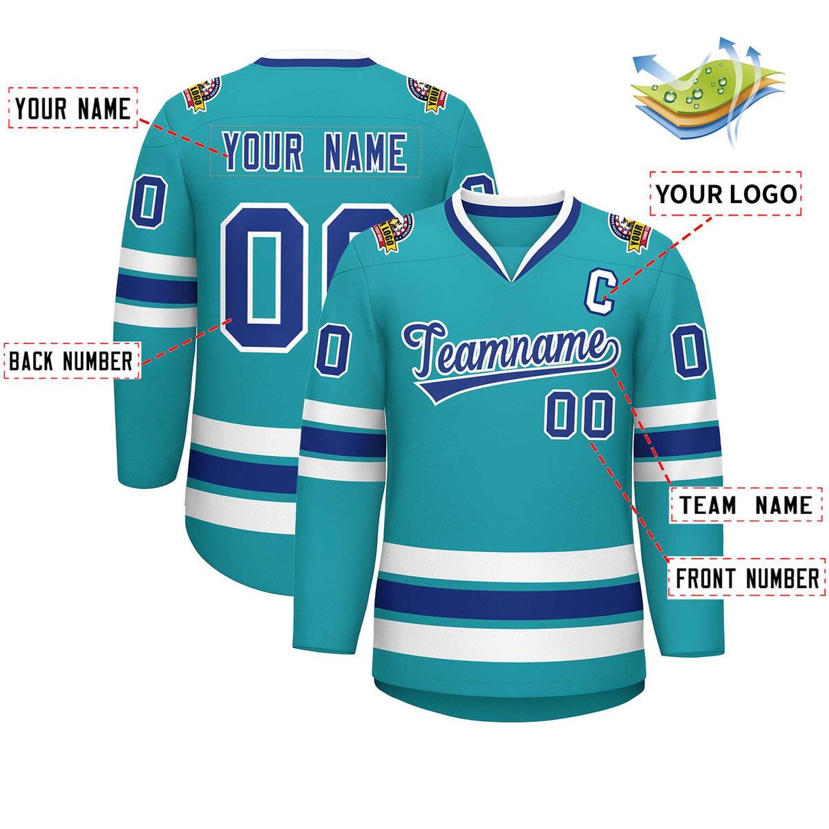 Custom Aqua Royal-White Classic Style Hockey Jersey