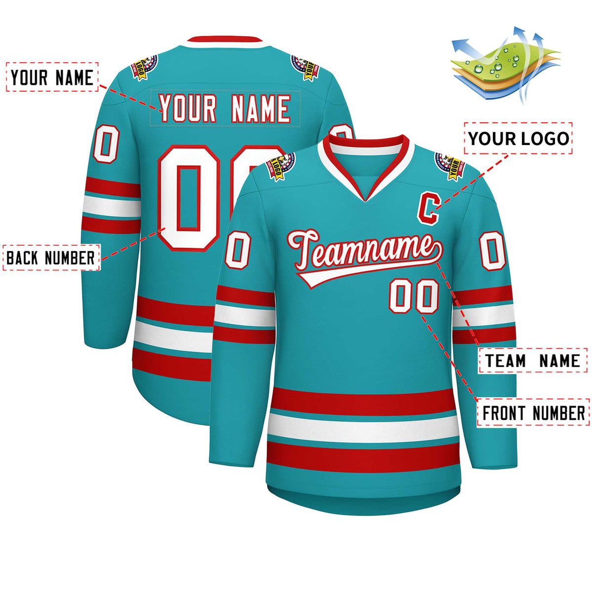 Custom Aqua White-Red Classic Style Hockey Jersey